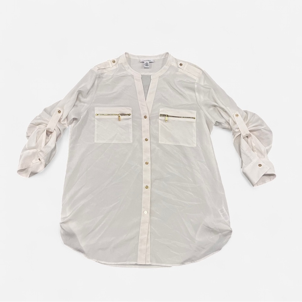Calvin Klein Women's White Split Collar Sheer Roll-Tab Button-Up Shirt B1